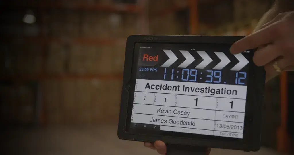 Close up of iPad used as a clapper board for safety film shoot