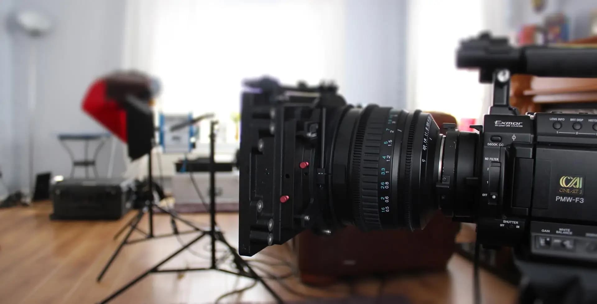 Close Up of high-end video camera on set of a video shoot for a corporate video