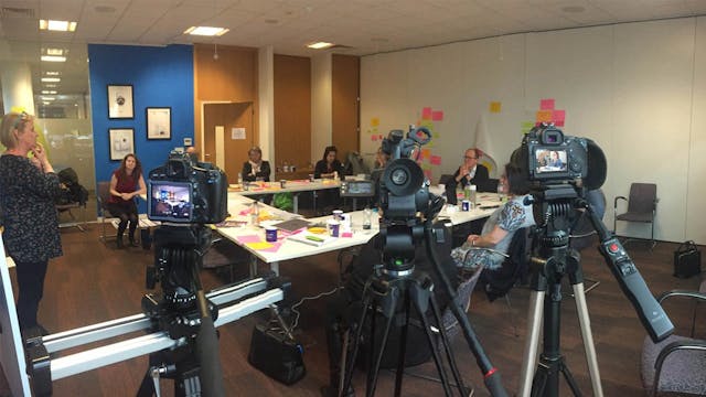 Wide shot of cameras set up to record conference at Mondelez