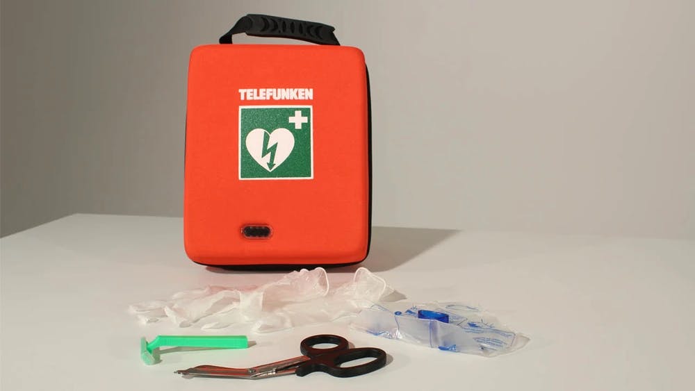 Product shot of defibrillator and first aid products for promotional video
